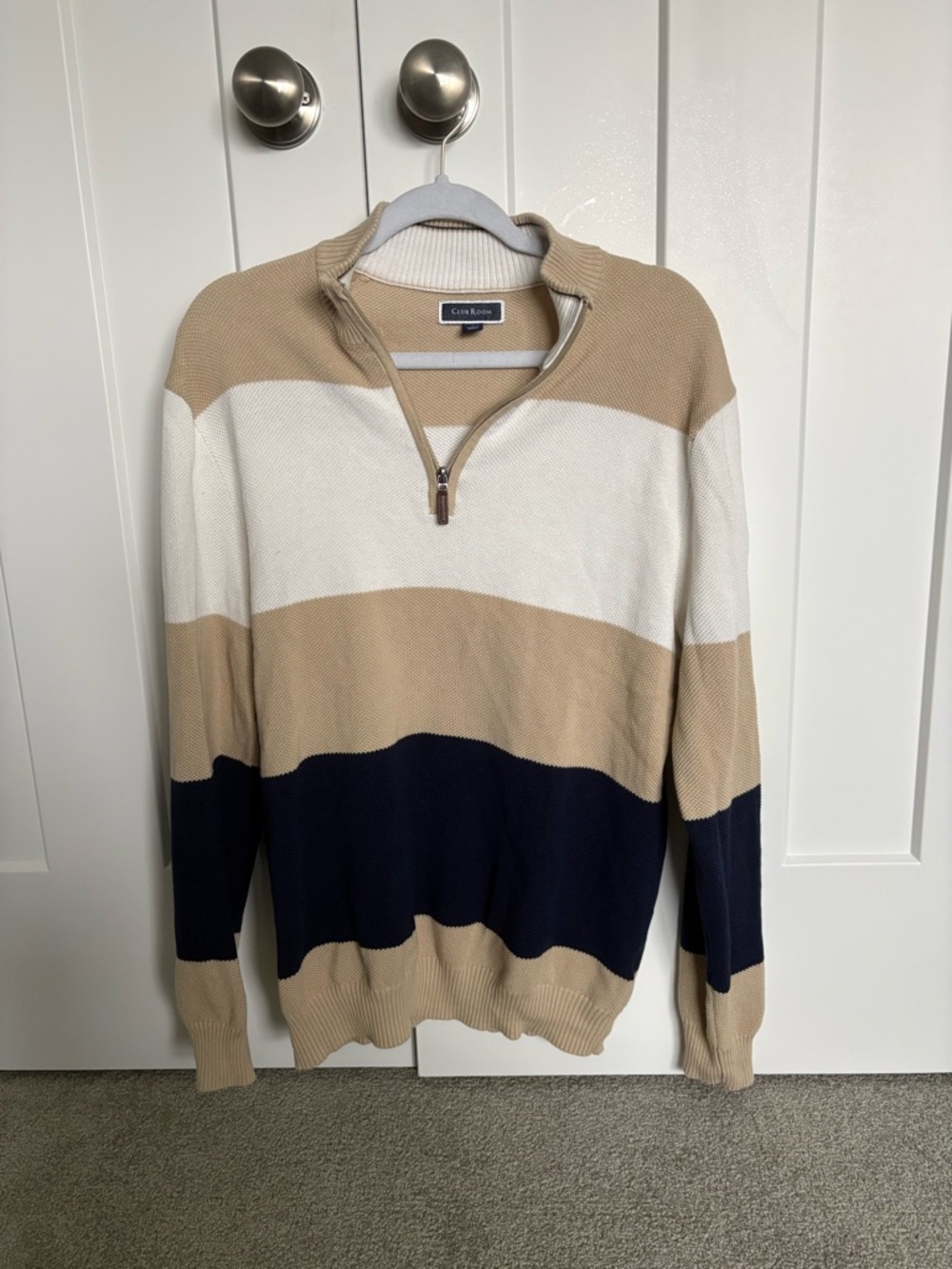 Club Room Men's Wide-Striped Quarter-Zip Sweater in Tan, White & Navy